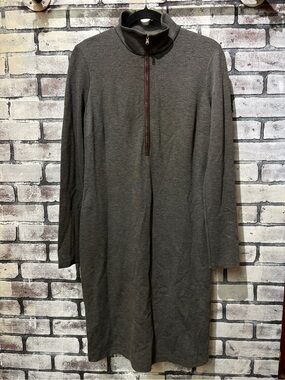 Ralph Lauren Grey Dress —Brown Leather Trimmed Pockets & Leather Patches